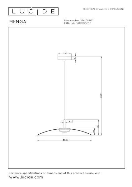 Lucide Premium MENGA - Suspension - Ø 60 cm - LED Dim. - 1x18,6W 2700K - Opalin - technique